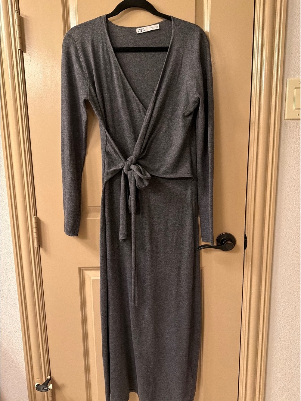 Zara Women's Gray Long Sleeve Wrap Knit Dress with Tie Waist, Size Medium